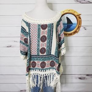 Fringed Boho Tunic Top in Cream and Teal